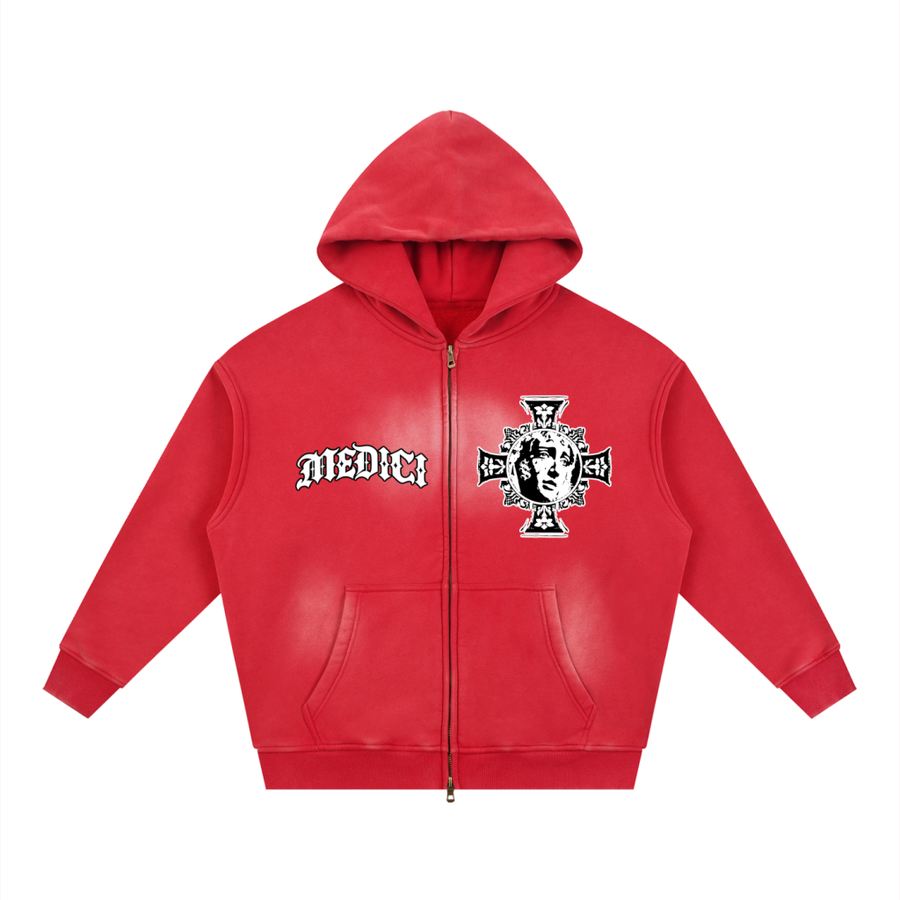 Medici Cross Vintage-Wash Zip Hoodie — Red — front