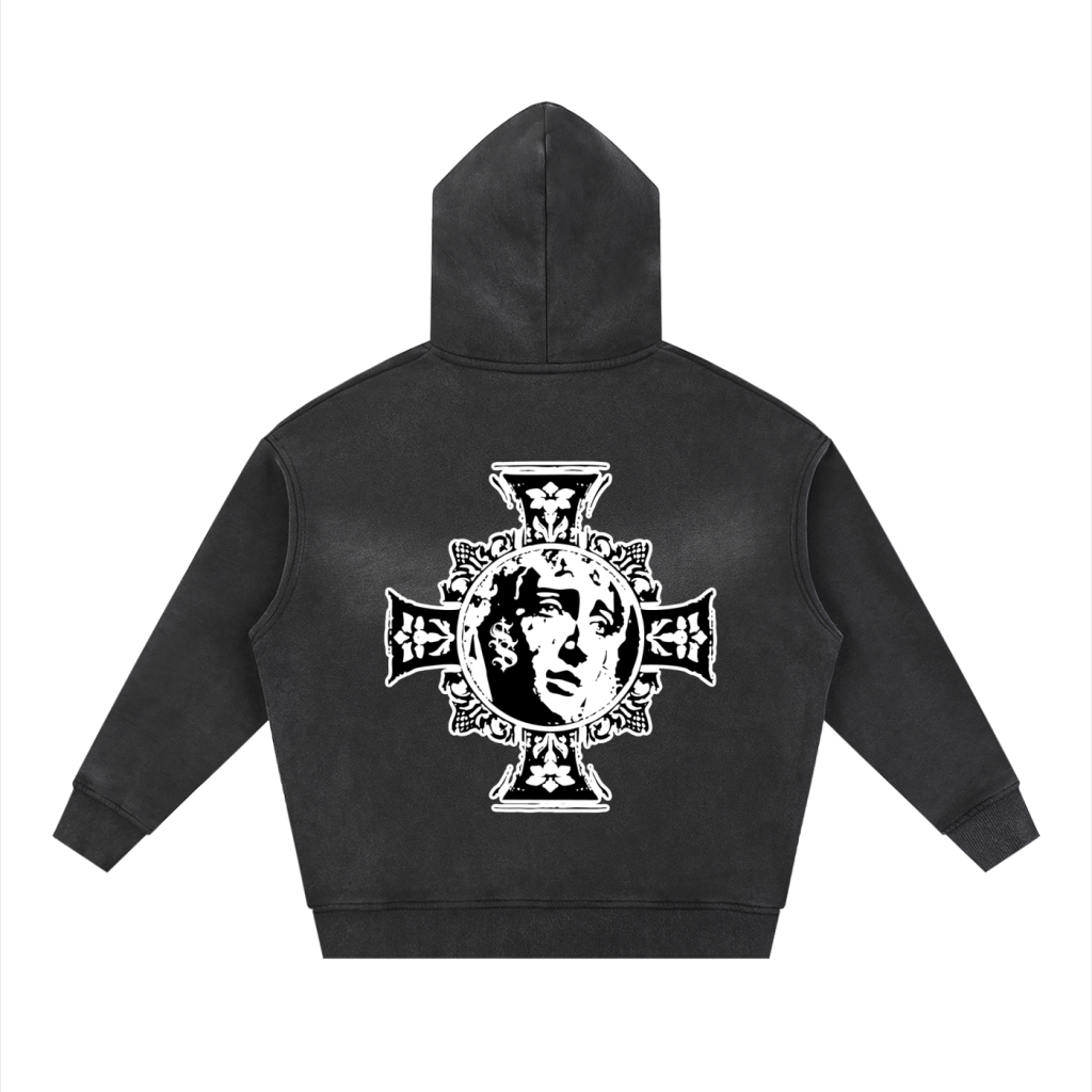 Medici Cross Vintage-Wash Zip Hoodie — Washed Black — back