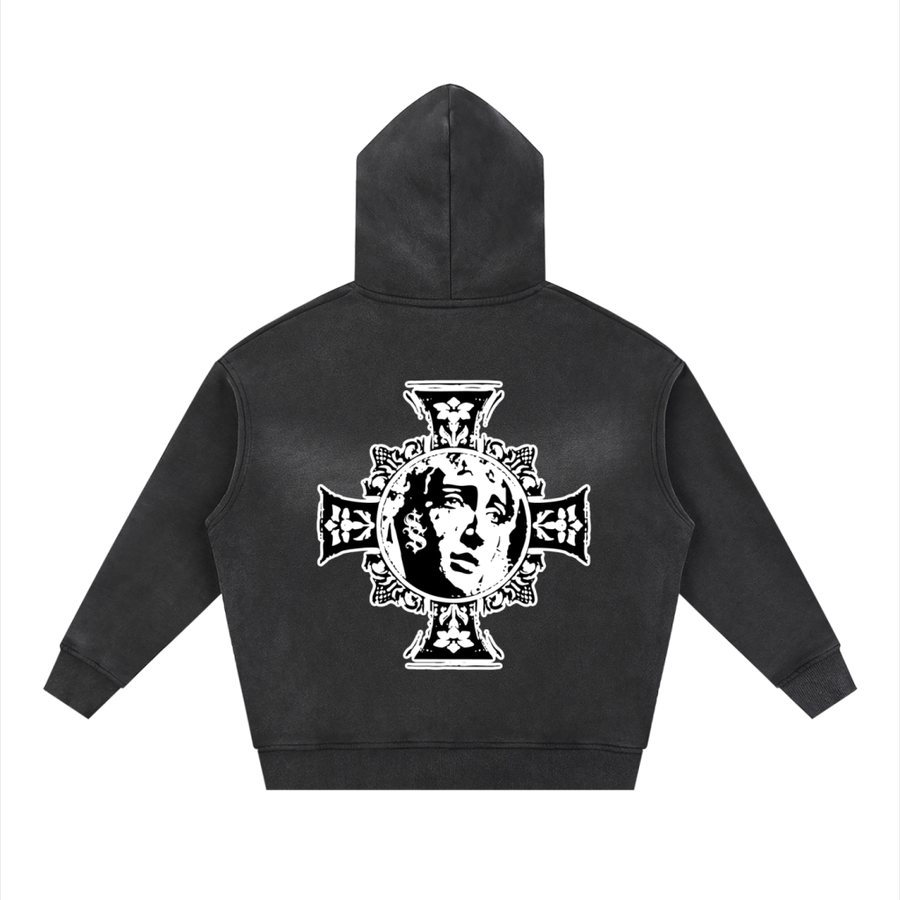 Medici Cross Vintage-Wash Zip Hoodie — Washed Black — back