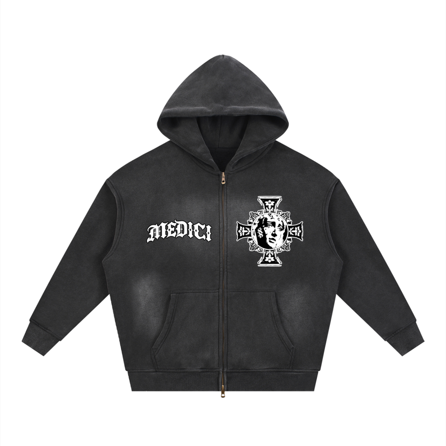 Medici Cross Vintage-Wash Zip Hoodie — Washed Black — front