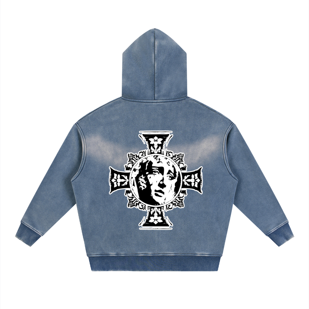 Medici Cross Vintage-Wash Zip Hoodie — Washed Blue — back