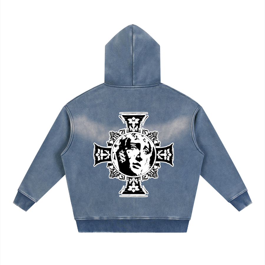 Medici Cross Vintage-Wash Zip Hoodie — Washed Blue — back