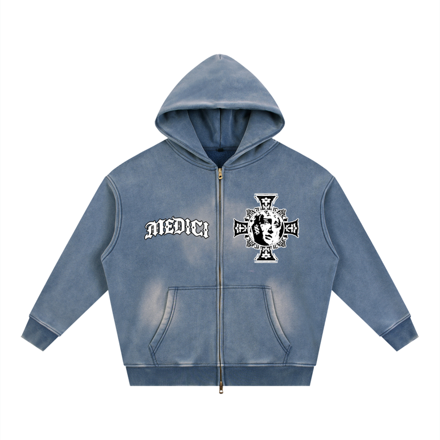 Medici Cross Vintage-Wash Zip Hoodie — Washed Blue — front