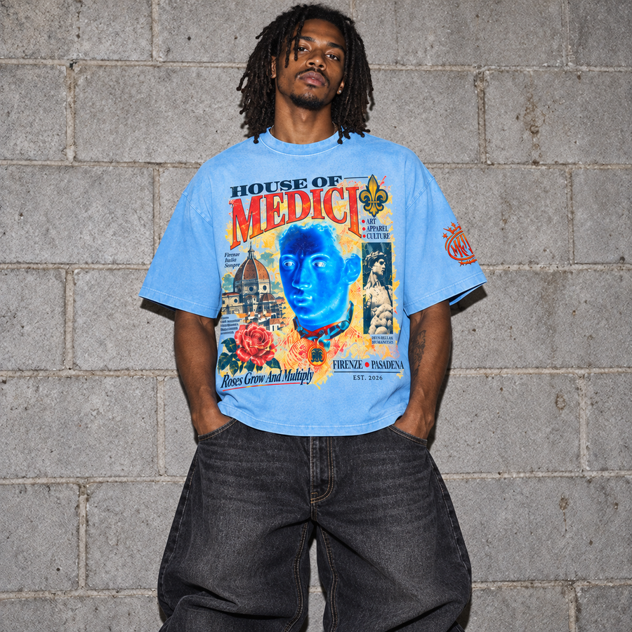 House of Medici Collage Boxy Tee — Light Blue — model front
