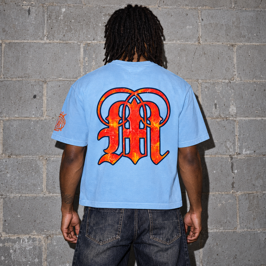 House of Medici Collage Boxy Tee — Light Blue — model back