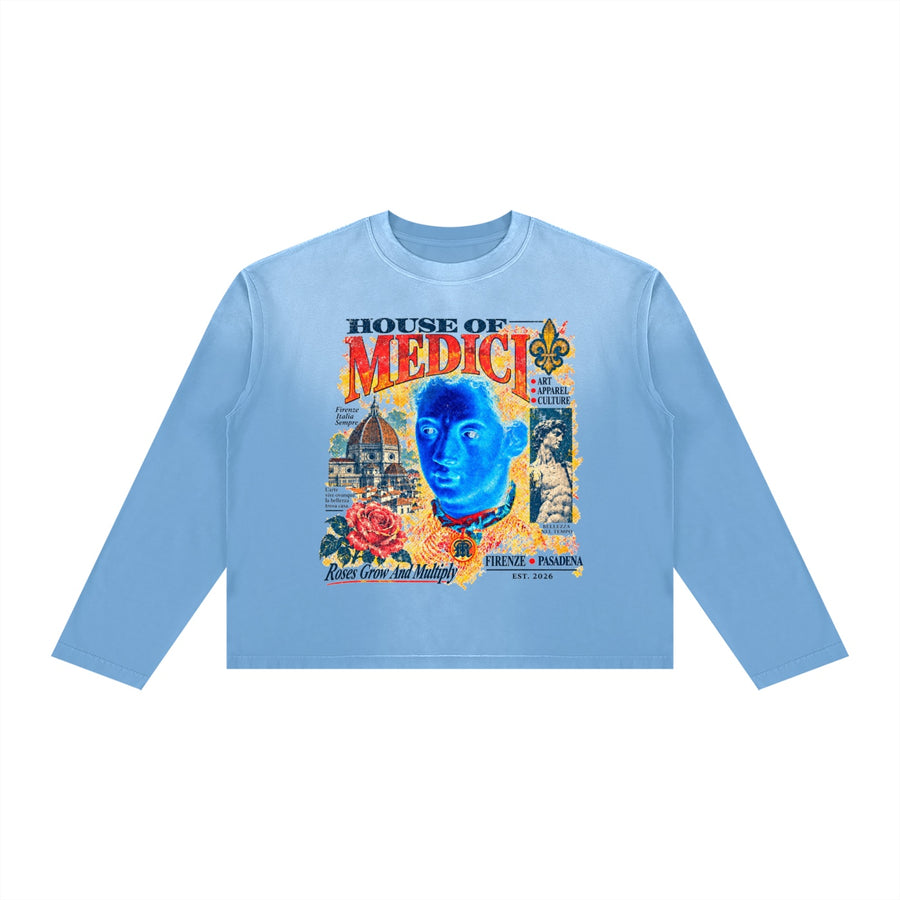 House of Medici Collage Boxy Long Sleeve — Light Blue — front