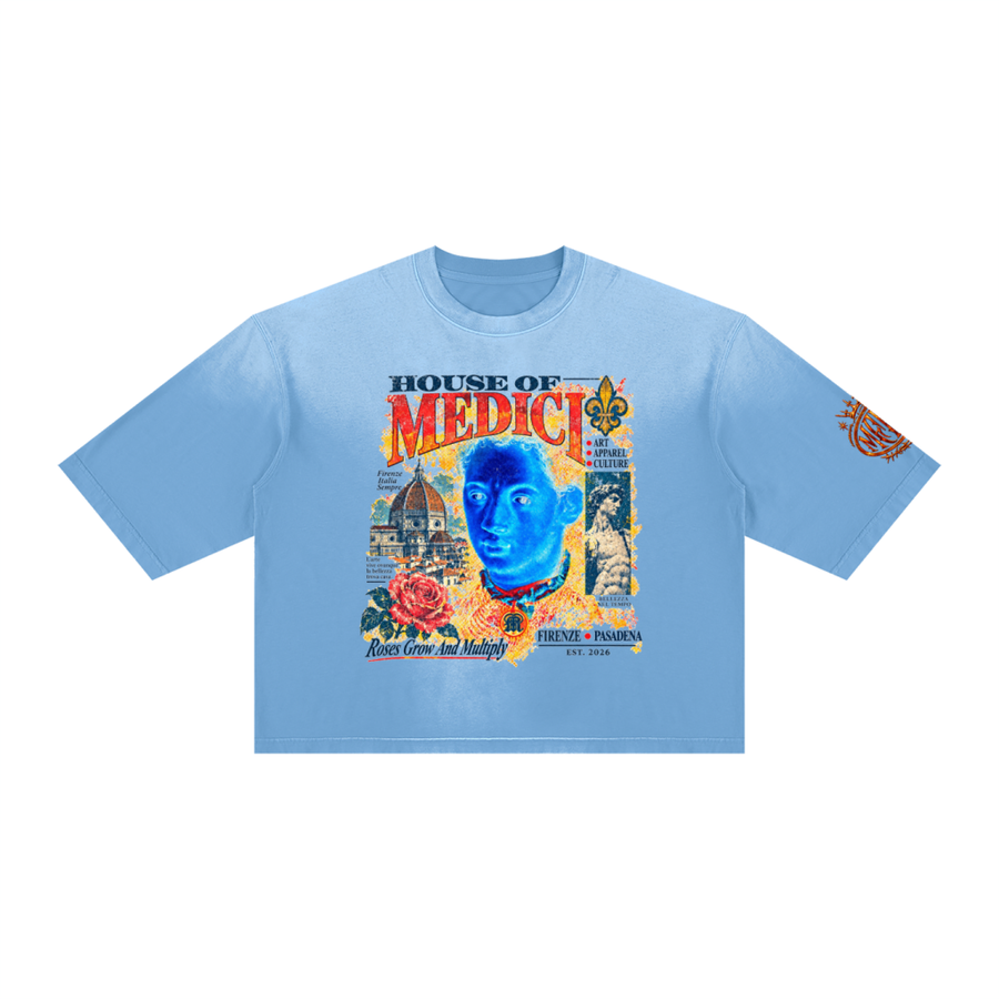 House of Medici Collage Boxy Tee — Light Blue — front