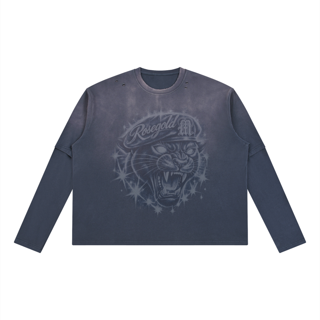 Tonal Panther Vintage-Wash Layered Tee — Washed Blue — front