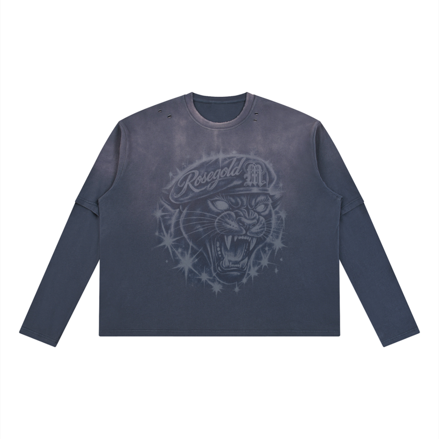 Tonal Panther Vintage-Wash Layered Tee — Washed Blue — front