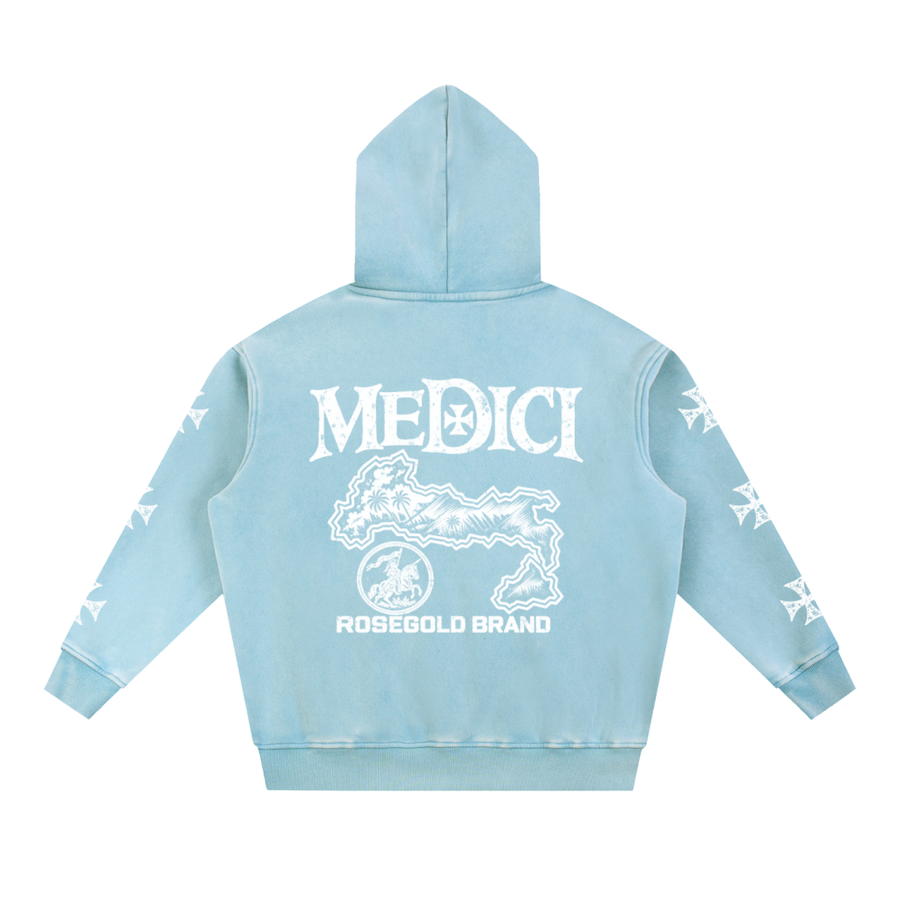 Medici Map & Cross Snow-Wash Hoodie — Light Blue — back