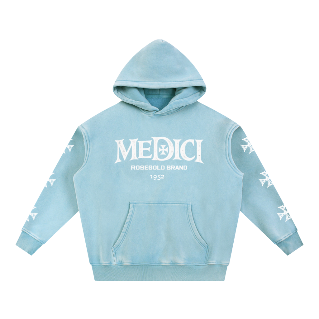 Medici Map & Cross Snow-Wash Hoodie — Light Blue — front