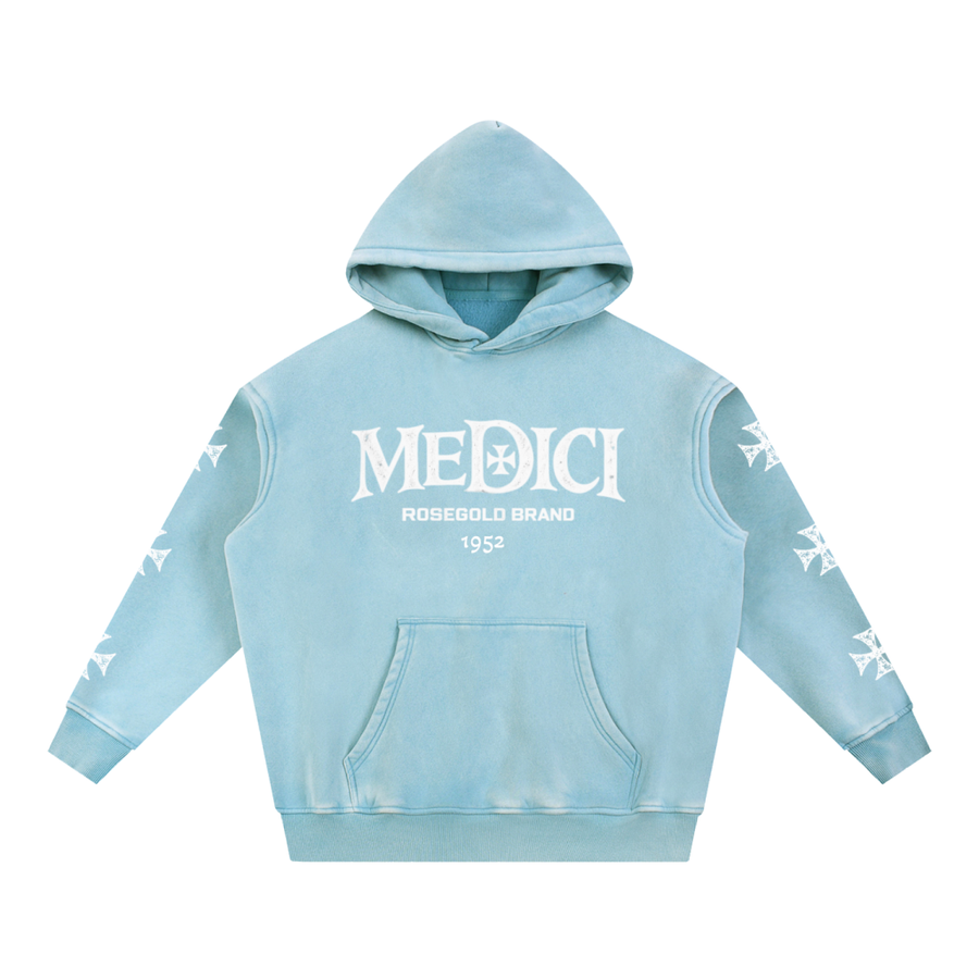 Medici Map & Cross Snow-Wash Hoodie — Light Blue — front