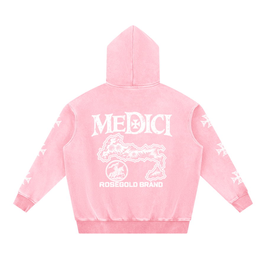 Medici Map & Cross Snow-Wash Hoodie — Pink — back
