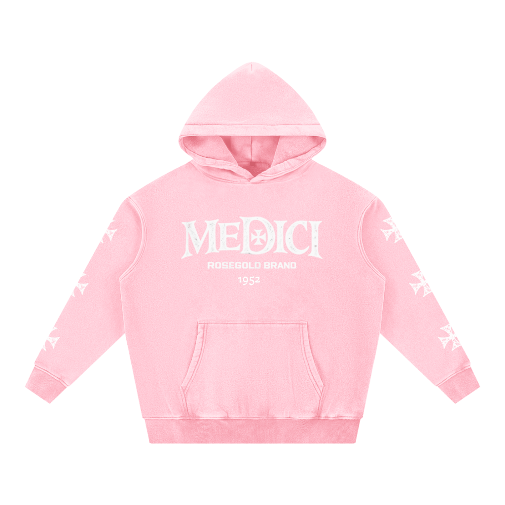 Medici Map & Cross Snow-Wash Hoodie — Pink — front