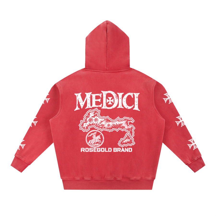 Medici Map & Cross Snow-Wash Hoodie — Red — back
