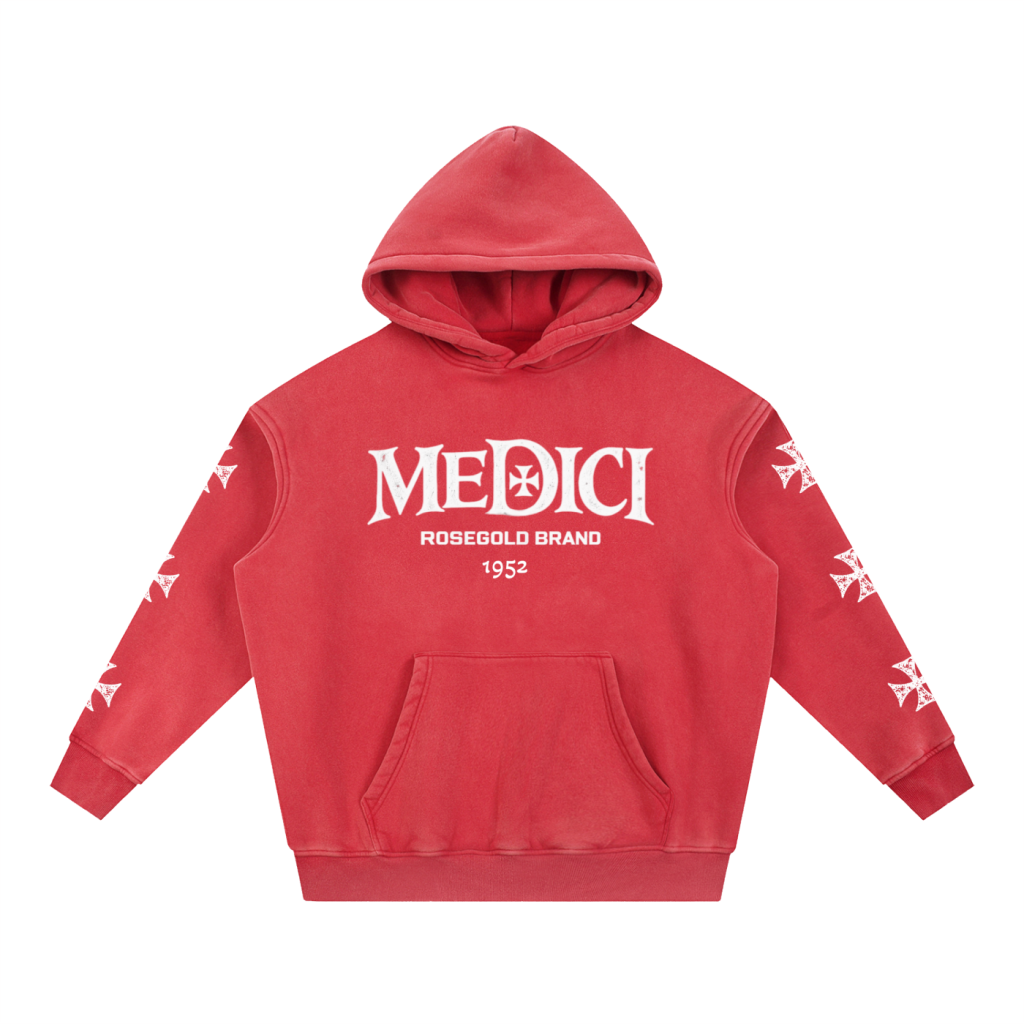 Medici Map & Cross Snow-Wash Hoodie — Red — front